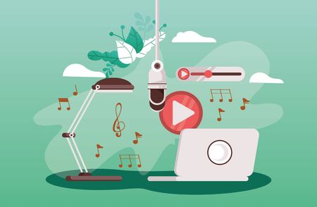 microphone retro with laptop and radio icons vector illustration designのイラスト素材