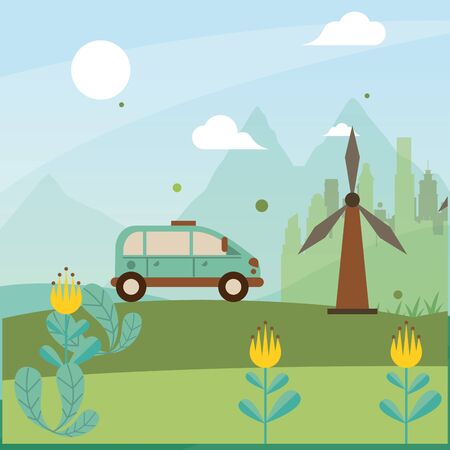 wind power turbine with car vehicle vector illustration designのイラスト素材