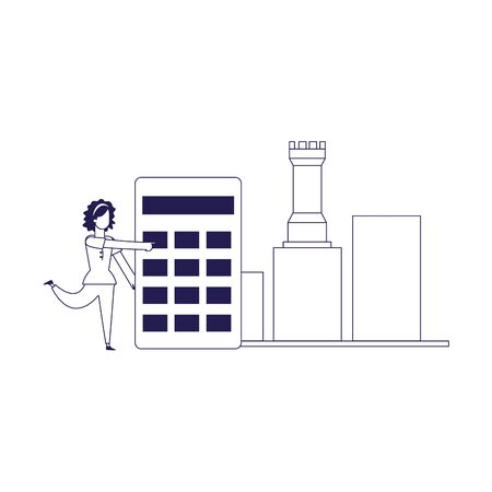 woman with calculator, graphic chart and rook piece over white background, flat design, vector illustrationのイラスト素材