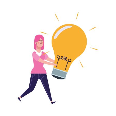 cartoon girl with big light bulb over white background, vector illustrationのイラスト素材