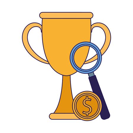trophy cup with money coin and magnifying glass over white background, flat designvector illustrationのイラスト素材