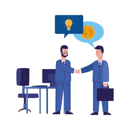 cartoon businessmen shaking hands at office over white background, colorful design, vector illustrationのイラスト素材