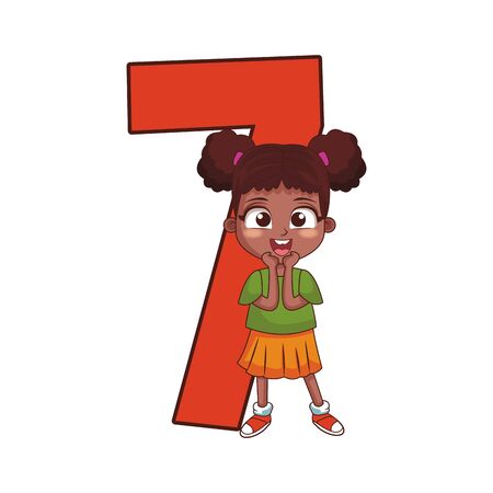 number seven with cartoon surprised girl over white background, colorful design, vector illustrationのイラスト素材