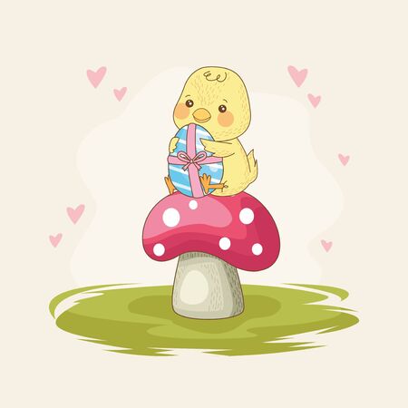 happy easter card with baby chick with egg painting in fungus vector illustrationのイラスト素材