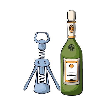 wine bottle drink with corkscrew vector illustration designのイラスト素材