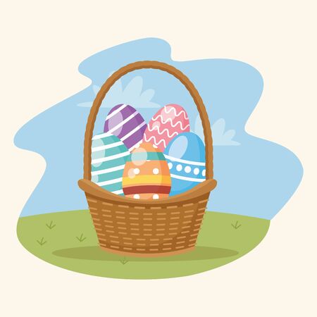 happy easter card with eggs painted in basket vector illustration designのイラスト素材