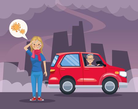 man in car polluting and girl sick scene vector illustration designのイラスト素材