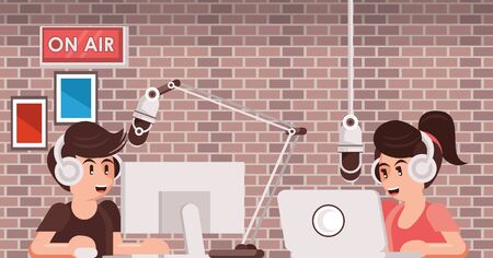 couple announcers with radio microphone and earphones vector illustration designのイラスト素材