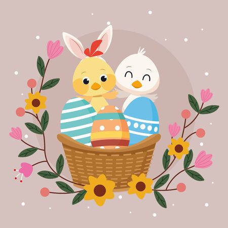 happy easter card with little chick and duck vector illustration designのイラスト素材