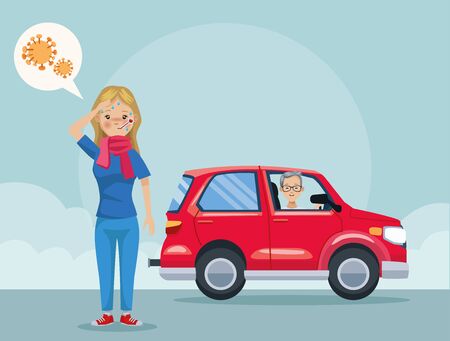man in car polluting and girl sick scene vector illustration designのイラスト素材