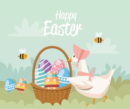 happy easter card with duck and eggs painted in basket vector illustration designのイラスト素材