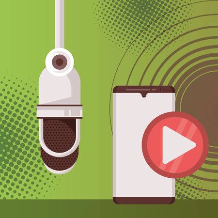 radio microphone retro with smartphone and play button vector illustration designのイラスト素材