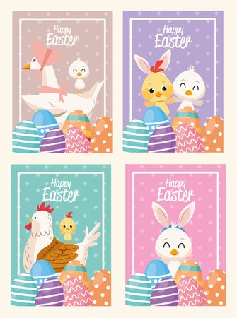 happy easter card with animals and eggs painted scenes vector illustration designのイラスト素材