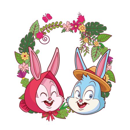 Cute easter bunny happy friends portrait with hat headscarf floral wreath round frame vector illustration graphic designのイラスト素材