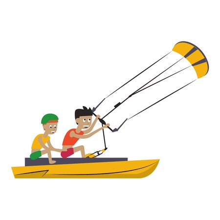Water extreme sport men in boat with kite cartoon isolated vector illustration graphic designのイラスト素材