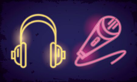 microphone sound and earphones neon lights vector illustration designのイラスト素材