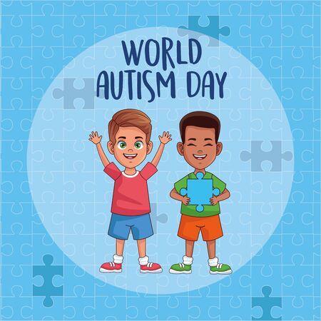 world autism day boys with puzzle pieces vector illustration designのイラスト素材