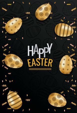happy easter card with lettering and golden eggs painted vector illustration designのイラスト素材