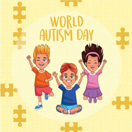 world autism day kids with puzzle pieces vector illustration designのイラスト素材