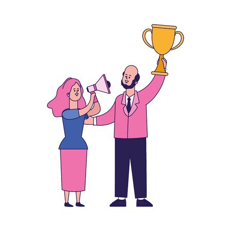 cartoon woman with megaphone and businessman holding a trophy over white background, colorful design, vector illustrationのイラスト素材
