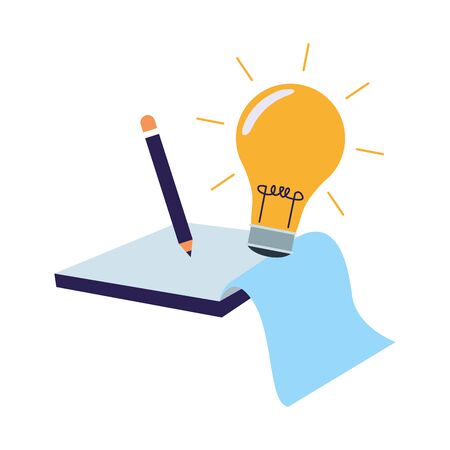 pencil with bulb light and notebook over white background, colorful design, vector illustrationのイラスト素材
