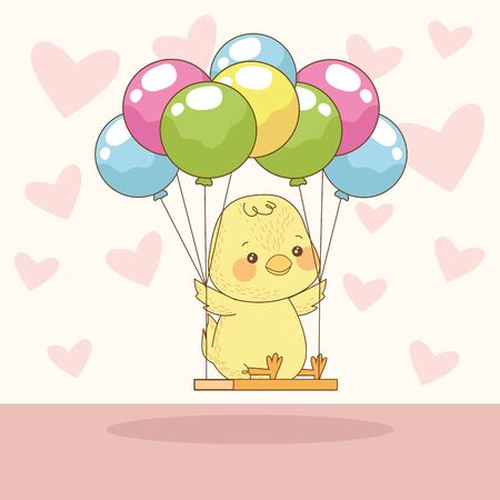 happy easter card with baby chick in balloons helium vector illustration designのイラスト素材