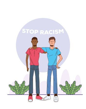 couple of interracial men stop racism campaign vector illustration designのイラスト素材
