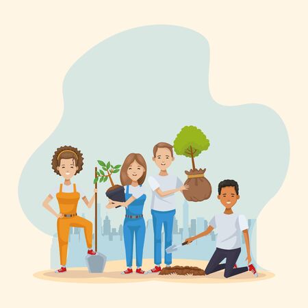 couple of environmentalists planting trees characters vector illustration designのイラスト素材