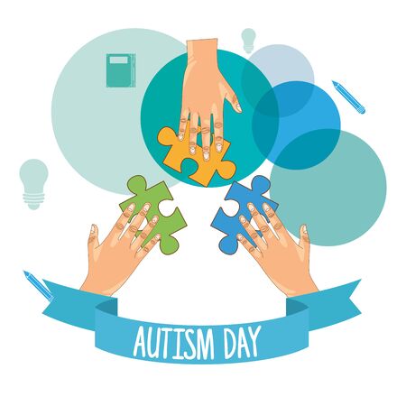 world autism day with hands and puzzle game pieces vector illustration designのイラスト素材