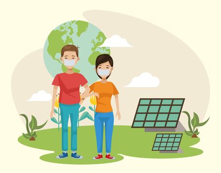 couple of environmentalists with world planet vector illustration designのイラスト素材