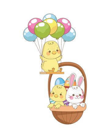 little rabbit and chick with balloons helium easter characters vector illustrationのイラスト素材