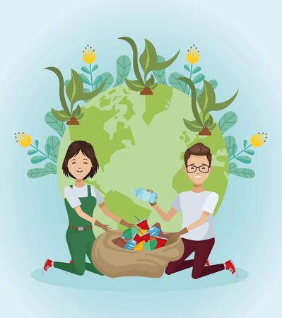 couple of environmentalists with world planet vector illustration designのイラスト素材