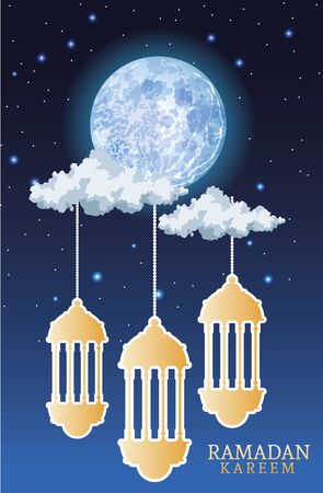 ramadan kareem celebration card with lanterns hanging at night vector illustration designのイラスト素材