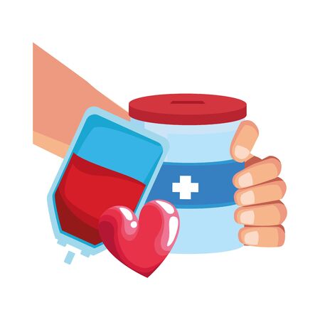 hand with donation tin, heart and blood bag over white background, vector illustrationのイラスト素材