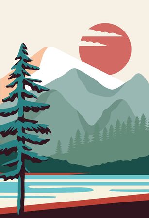 beautiful landscape with pine and lake scene vector illustration designのイラスト素材