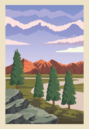 beautiful landscape with trees forest and mountains vector illustration designのイラスト素材