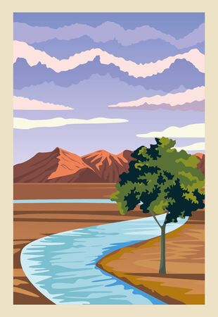 beautiful landscape with river and mountains scene vector illustration designのイラスト素材