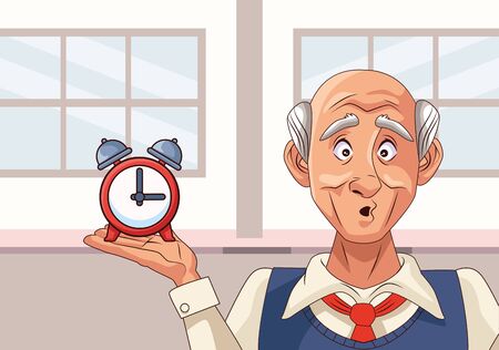 old man patient of alzheimer disease with alarm clock vector illustrationのイラスト素材