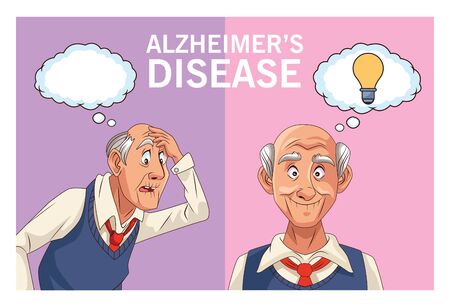 old men patients of alzheimer disease with speech bubble and bulb vector illustration designのイラスト素材