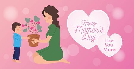 happy mothers day character with son and house plant vector illustration designのイラスト素材