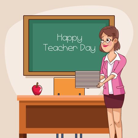 happy teacher day with chalkboard in classroom vector illustration designのイラスト素材