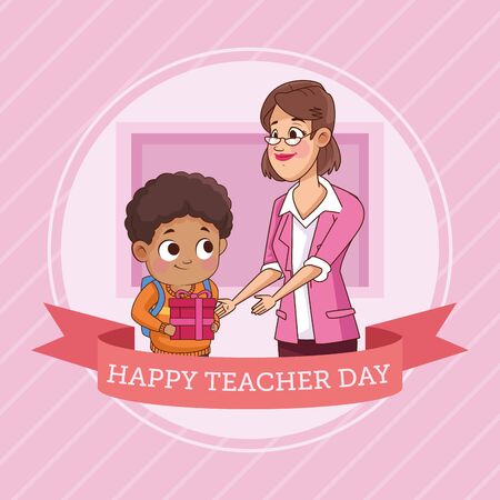 happy teacher day with little boy student vector illustration designのイラスト素材
