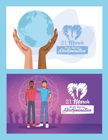 stop racism international day poster with interracial men lifting planet earth vector illustration designのイラスト素材