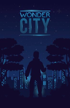 wonder city with buildings and man cityscape scene vector illustration designのイラスト素材