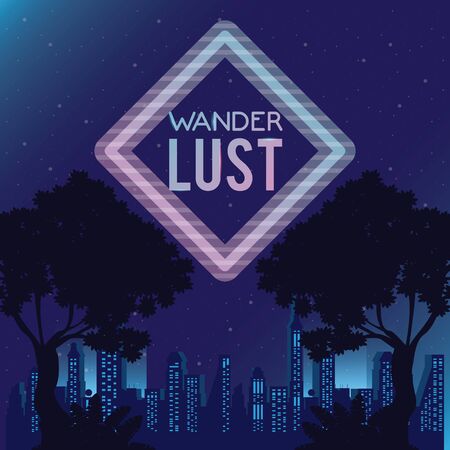 wanderlust poster with trees and buildings scene vector illustration designのイラスト素材
