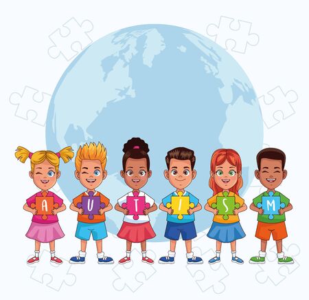 world autism day kids with world planet and puzzle pieces vector illustration designのイラスト素材