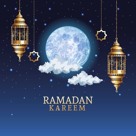ramadan kareem celebration with golden lanterns hanging vector illustration designのイラスト素材