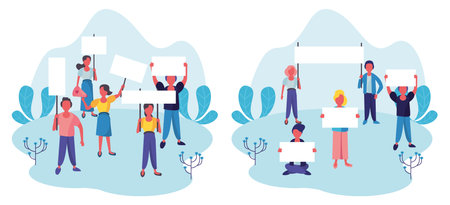 group of activist people protesting in the camp vector illustration design