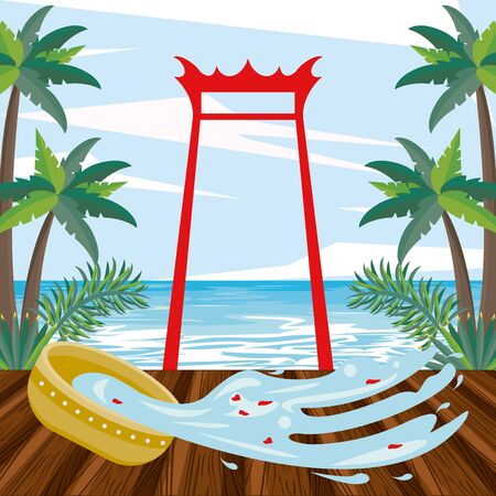 songkran celebration party with arch and water bowls vector illustration designのイラスト素材
