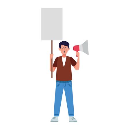 Man standing holding a megaphone and blank sign over white background, colorful design, vector illustrationのイラスト素材
